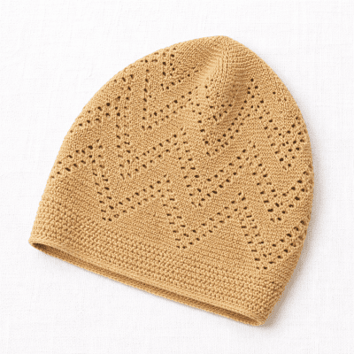 beige turkish sufi knitted prayer cap with geometric openwork pattern and ribbed edge