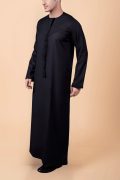 men black emirati tassel thobe with chevron stitched chest panel and front tassel kandura
