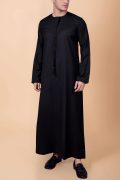 men black emirati tassel thobe with chevron stitched chest panel and front tassel kandura