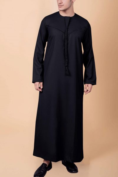 men black emirati tassel thobe with chevron stitched chest panel and front tassel kandura