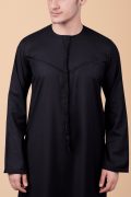 men black emirati tassel thobe with chevron stitched chest panel and front tassel kandura