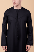men black emirati tassel thobe with chevron stitched chest panel and front tassel kandura