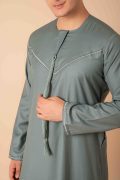 sage green emirati tassel thobe for men with silver braided v panel and front tassel kandura