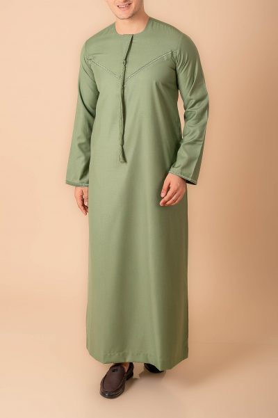 sage green emirati tassel thobe for men with light grey braided chest panel and front tassel kandura style