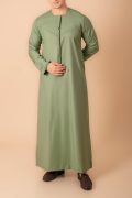 sage green emirati tassel thobe for men with light grey braided chest panel and front tassel kandura style