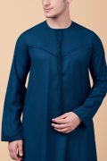 men teal blue emirati tassel thobe with chevron stitched chest panel and front tassel kandura