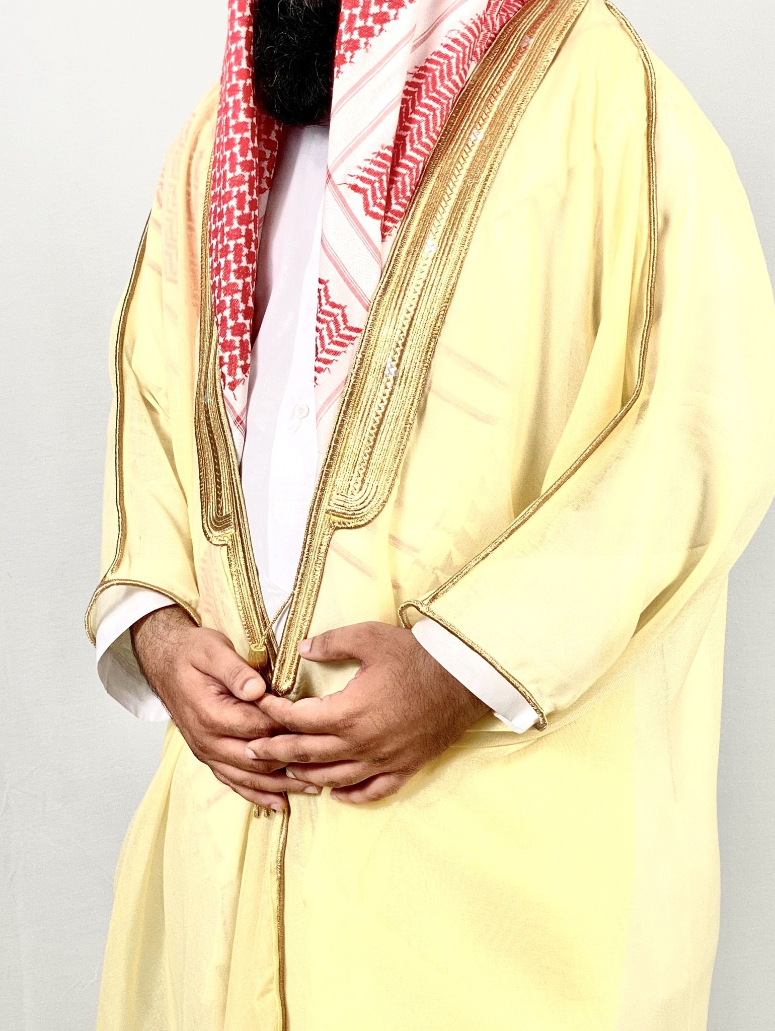 cream arabic bisht for men with gold zari border embroidery open front traditional cloak
