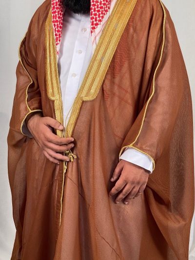 golden brown arabic bisht for men with gold zari border embroidery open front traditional cloak