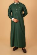 emerald green designer thobe for men with white contrast collar and gold buttons