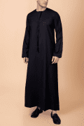 men black emirati tassel thobe with chevron stitched chest panel and front tassel kandura