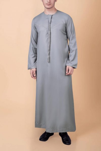 Light ash grey Emirati tassel thobe with zigzag embroidered chest and sleeve detailing