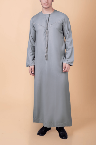 Light ash grey Emirati tassel thobe with zigzag embroidered chest and sleeve detailing