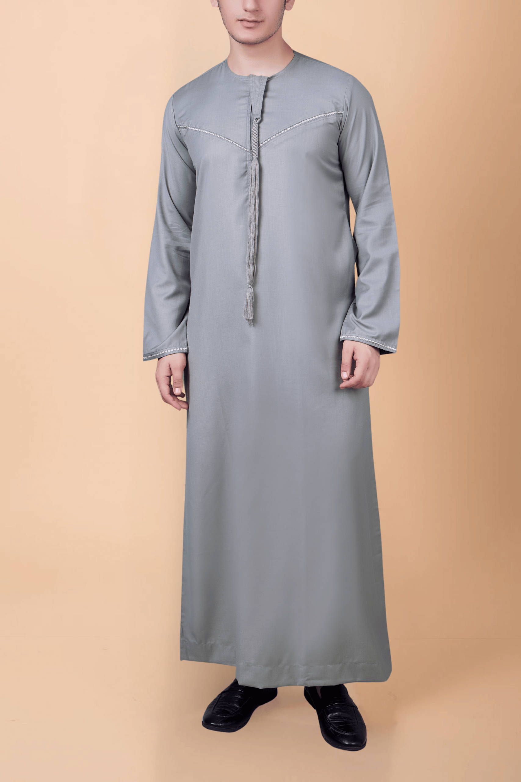 Ash Grey Emirati Tassel Thobe for Men Light ash grey Emirati tassel thobe with zigzag embroidered chest and sleeve detailing