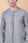 Light ash grey Emirati tassel thobe with zigzag embroidered chest and sleeve detailing