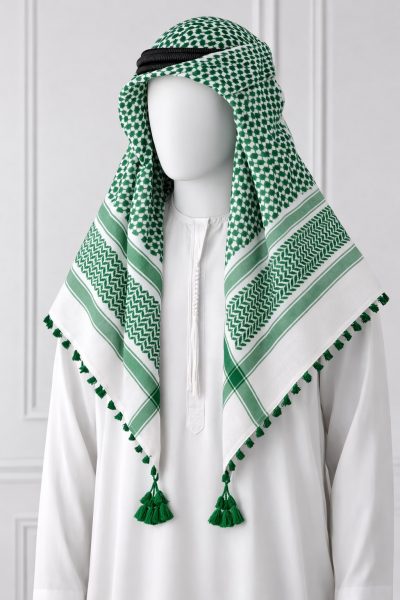 green white traditional shemagh scarf keffiyeh tassel fringe arabic head scarf
