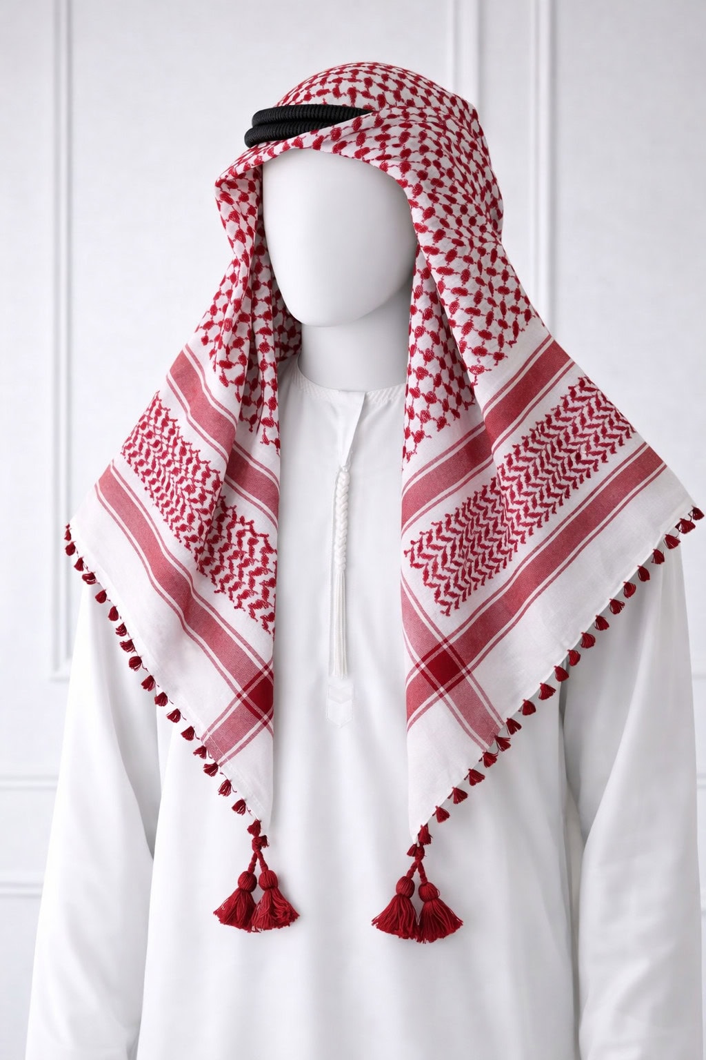 Premium Wine Red Traditional Shemagh Keffiyeh Scarf Wine red traditional Arab shemagh keffiyeh scarf with tassels on mannequin wearing white thobe.