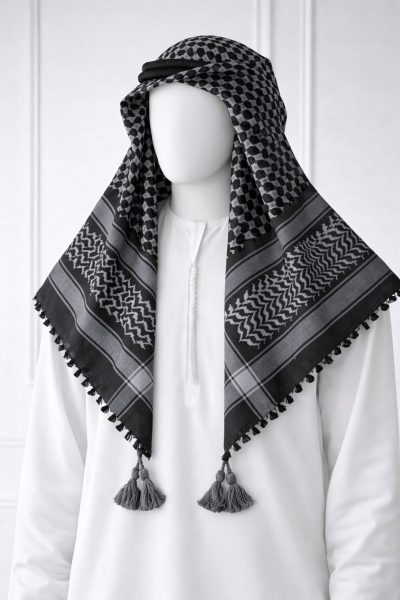 Premium Dark Grey Traditional Shemagh Scarf with Tassels