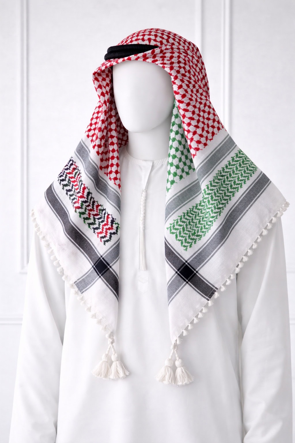 Multi Color Traditional Keffiyeh Shemagh Scarf with Tassels Traditional white keffiyeh shemagh scarf featuring red, green and black woven patterns with decorative tassel edges worn with a white thobe.
