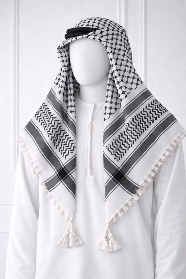 Classic white keffiyeh shemagh scarf featuring black geometric patterns and tassel edges worn over a white thobe for a traditional Arabic look.