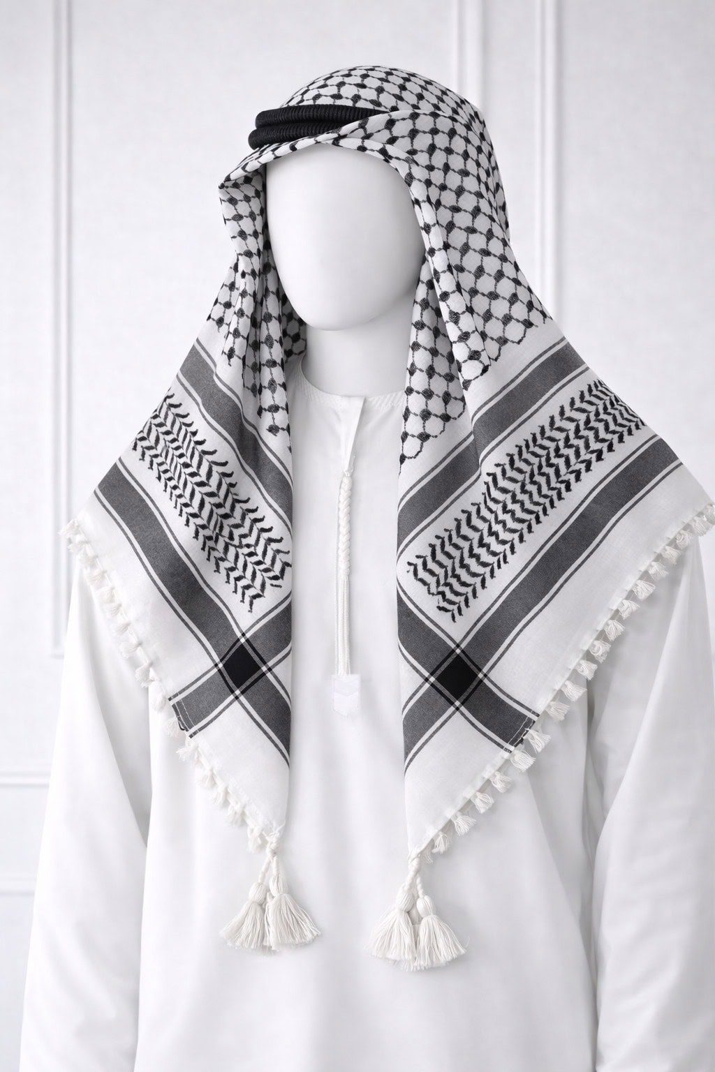 White and Black Traditional Keffiyeh Shemagh Scarf Classic white keffiyeh shemagh scarf featuring black geometric patterns and tassel edges worn over a white thobe for a traditional Arabic look.