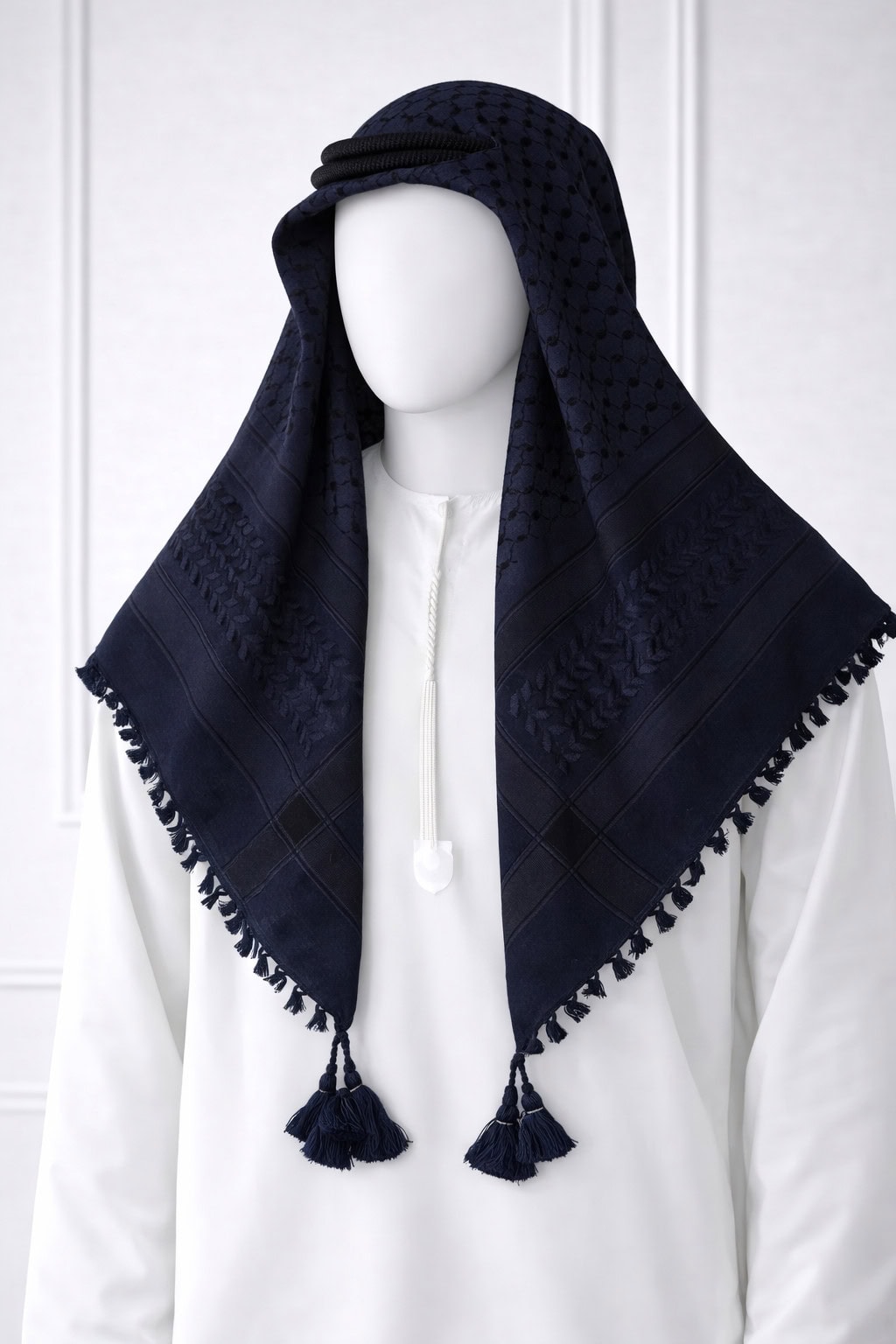 Deep Black Minimal Shemagh Scarf with Tassels deep black shemagh scarf plain textured keffiyeh tassel arab headscarf premium minimalist black