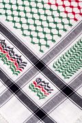 Traditional white keffiyeh shemagh scarf featuring red, green and black woven patterns with decorative tassel edges worn with a white thobe.