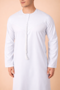 Pure white Emirati tassel thobe with tonal embroidered chest and sleeve detailing