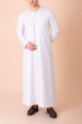 Pure white Emirati tassel thobe with tonal embroidered chest and sleeve detailing