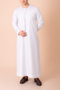 Pure white Emirati tassel thobe with tonal embroidered chest and sleeve detailing