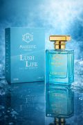 Majestic Lush Life aqua blue perfume bottle with gold cap fresh citrus fragrance