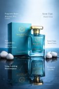 Majestic Lush Life aqua blue perfume bottle with gold cap fresh citrus fragrance