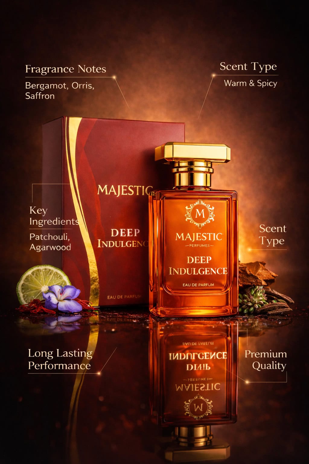 Majestic Perfumes Deep Indulgence Eau de Parfum Majestic Deep Indulgence amber perfume bottle with gold cap warm spicy fragrance