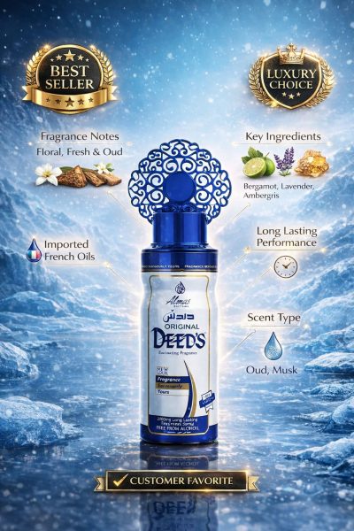 Almas Original Deeds fragrance spray blue bottle alcohol free long lasting perfume