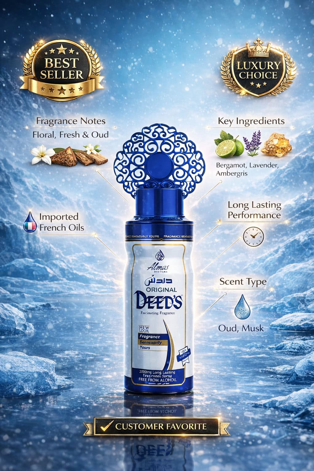 Almas Original Deed’s Fascinating Fragrance Spray Almas Original Deeds fragrance spray blue bottle alcohol free long lasting perfume