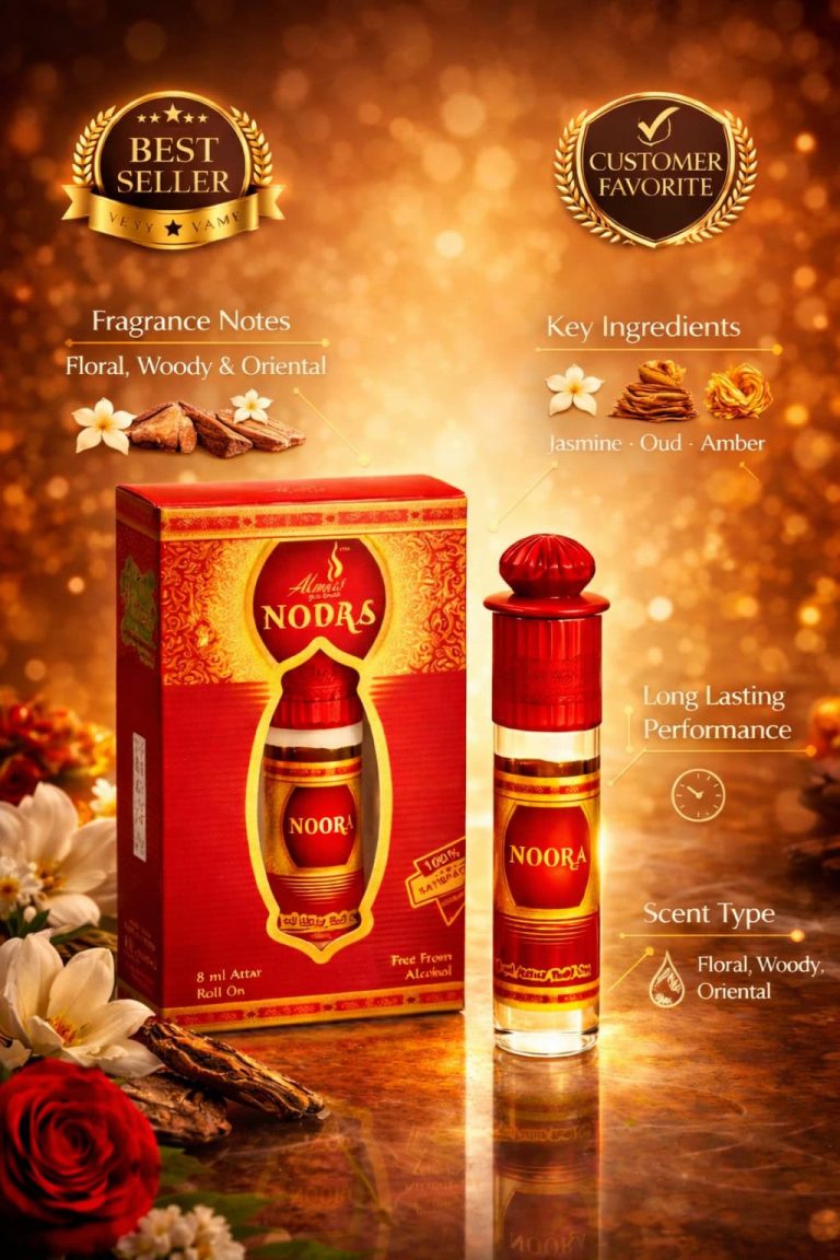 Almas Noora attar roll on perfume oil red bottle alcohol free long lasting Arabic fragrance