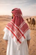 Authentic red and white shemagh keffiyeh scarf with classic geometric patterns and tassel edges styled with traditional thobe.