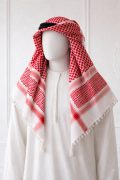 traditional red white shemagh keffiyeh Arabic head scarf with tassels