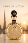 Luxury Lattafa Fakhar Gold 100ml perfume bottle and box featuring traditional Arabic calligraphy and gold filigree medallion design.