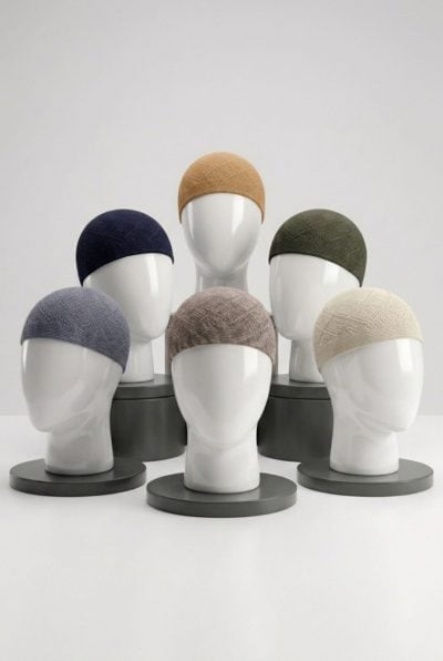 Six assorted colors of men's diamond-pattern knit Muslim prayer caps arranged neatly on a clean background.