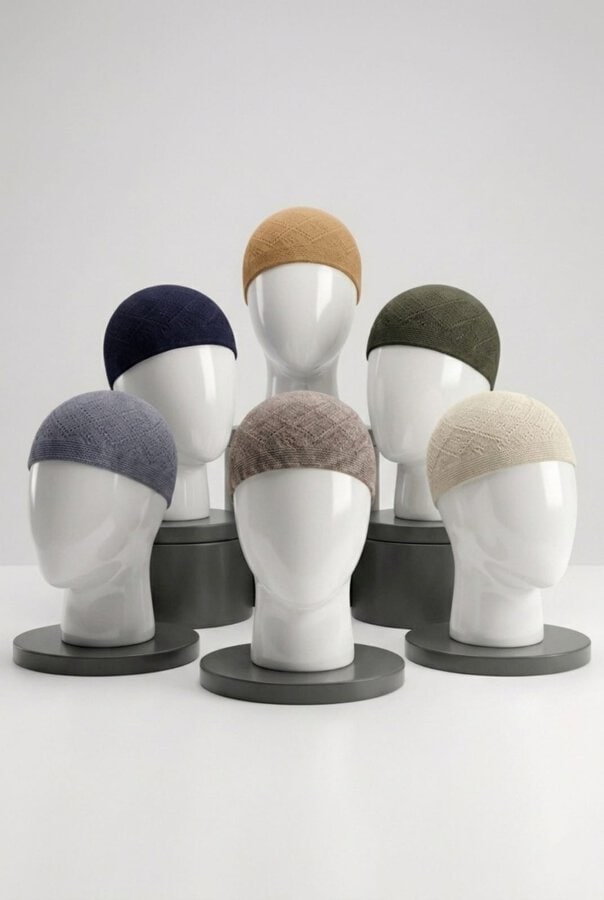premium-knit-muslim-prayer-caps-6-pack-classic-shades Six assorted colors of men's diamond-pattern knit Muslim prayer caps arranged neatly on a clean background.